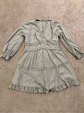 Women's Sage Green Ruffle Mini Dress - Long Sleeve